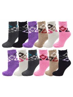 Soft Fuzzy Socks, 12 Pairs Womens Girls, Warm Microfiber Slippers with Non Skid Sole, Assorted Gift Pack