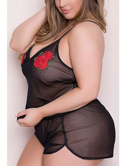 Plus Size Lingerie for Women, Sexy See Through Rose Cami Set Sheer Mesh Top Short Pajamas Sleepwer