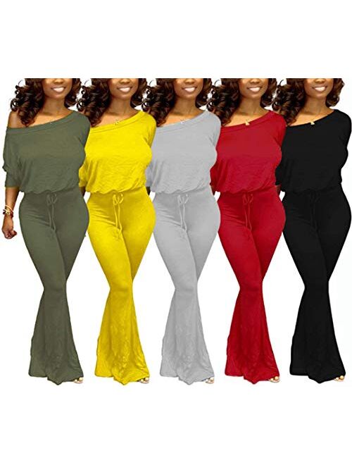 Aro Lora Women's Sexy One Shoulder Slit Sleeve High Waist One Piece Pant Outfit Wide Leg Jumpsuit Romper