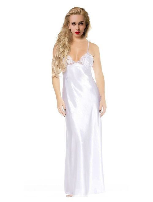 ETAOLINE Women Satin Nightgown Lace Lingerie Trimmed Full Length Slip Dress