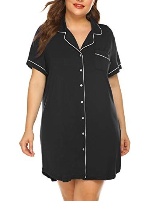 Womens Plus Size Sleep Shirt Short Sleeves Pajama Button Down Top Nightgown Boyfriend Night Shirt Sleepwear16W-24W