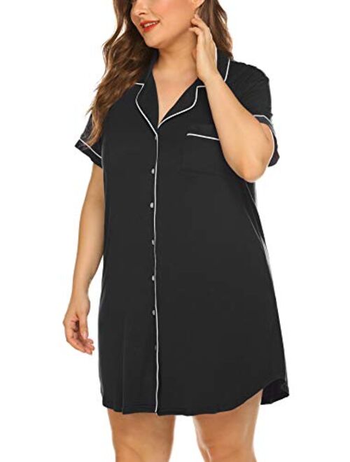 Womens Plus Size Sleep Shirt Short Sleeves Pajama Button Down Top Nightgown Boyfriend Night Shirt Sleepwear16W-24W