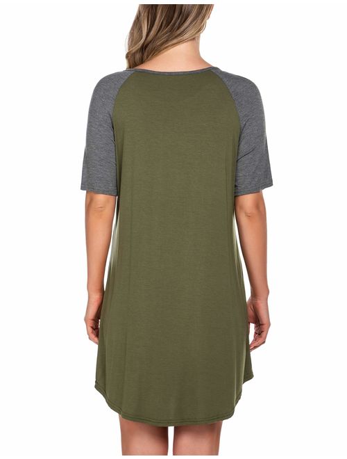 Ekouaer Short Sleeve Raglan Sleepshirts Casual Nightshirt Lounge Dress Boyfriend Style Sleepwear for Women