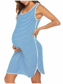 Women's Maternity Sleeveless Dress Striped Nightgown Pregnancy Gown for Breastfeeding