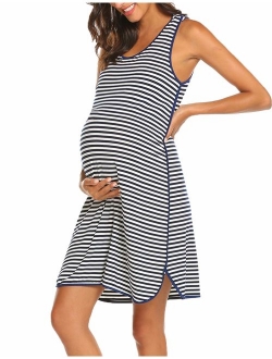 Women's Maternity Sleeveless Dress Striped Nightgown Pregnancy Gown for Breastfeeding