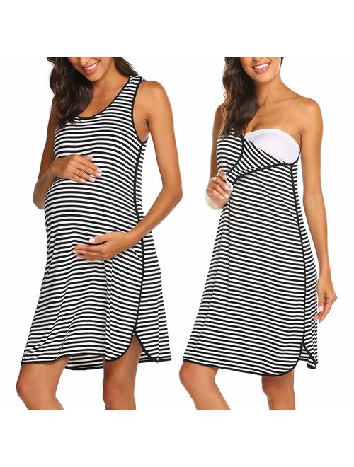 Ekouaer Womens Maternity Sleeveless Dress Striped Nightgown Pregnancy Gown for Breastfeeding 