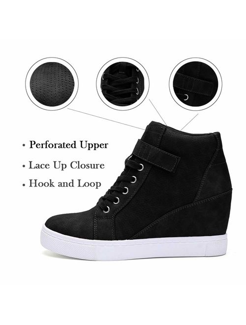 XMWEALTHY Women's Casual Wedges Sneakers Lace Up Hook Loop Fashion Sneaker High Top Hidden Heel Wedges Shoes