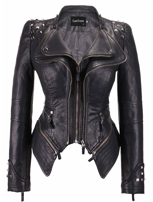 chouyatou Women's Fashion Studded Perfectly Shaping Faux Leather Biker Jacket