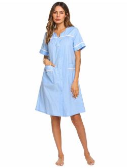 Sleepwear Women Snap-Front Housecoats Cotton Dusters Short Sleeve House Dress S-XXL