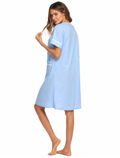 Ekouaer Sleepwear Women Snap-Front Housecoats Cotton Dusters Short Sleeve House Dress S-XXL