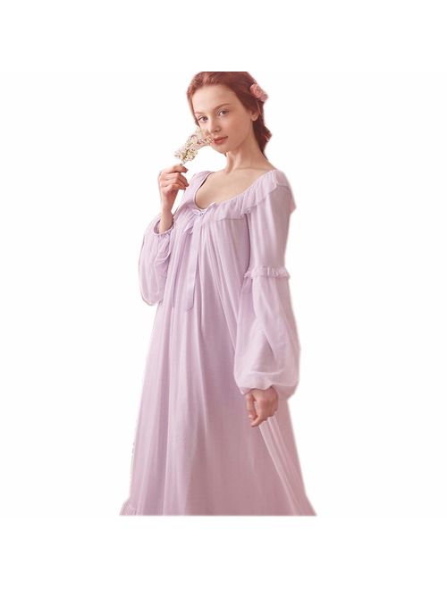 Women's Vintage Victorian Nightgown Long Sleeve Sheer Sleepwear Pajamas Nightwear Lounge Dress