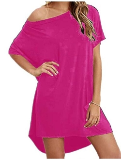 Women's Tshirt Dress, Plus Size Top, Nightshirt Nightgown, Cover Up, Short Sleeve High Low Loose Soft