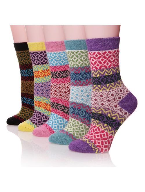 Womens Wool Socks Cabin Thermal Heavy Thick Soft Warm Fuzzy Novelty Winter Socks 5 Pack