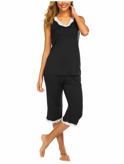 Hotouch Women's Pajama Set Lace Trim V-Neck Tank Top & Capri Pants Sleepwear Pjs Sets