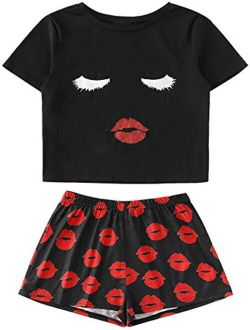 Women's Sleepwear Face Print Top and Red Lip Shorts Pajama Set