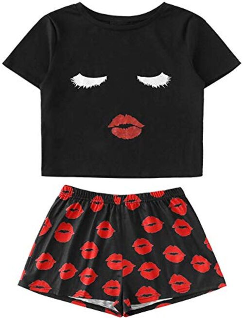 WDIRARA Women's Sleepwear Face Print Top and Red Lip Shorts Pajama Set