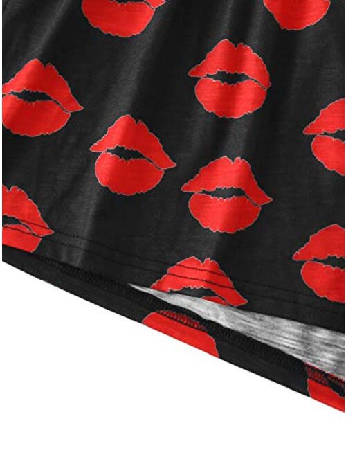 WDIRARA Women's Sleepwear Face Print Top and Red Lip Shorts Pajama Set