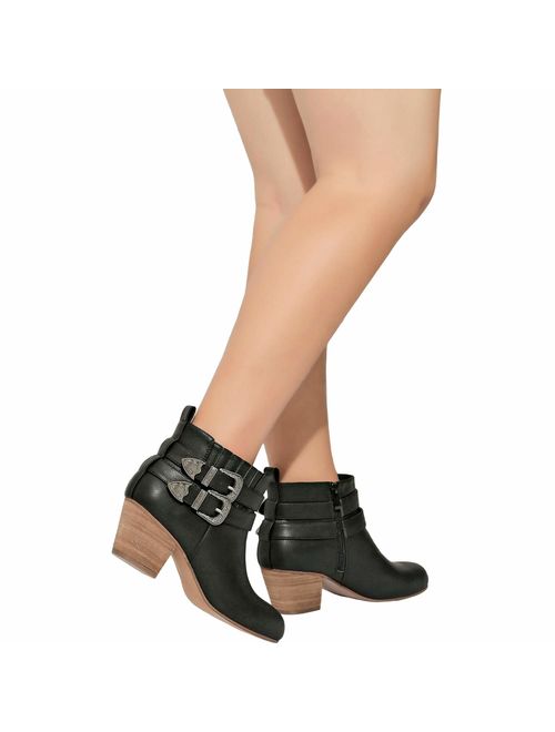 Luoika Women's Wide Width Ankle Boots - Side Zipper Metal Flower Buckle Strap Mid Chunky Block Heel Booties.