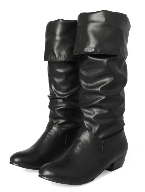 Sungtin Women's Faux Leather Knee High Flat Slouch Boots