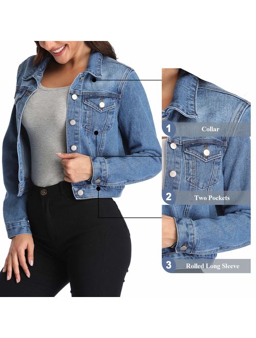 andy & natalie Women's Denim Jackets Casual Collared Long Sleeve Basic Button Down Crop Jean Jacket with Pockets