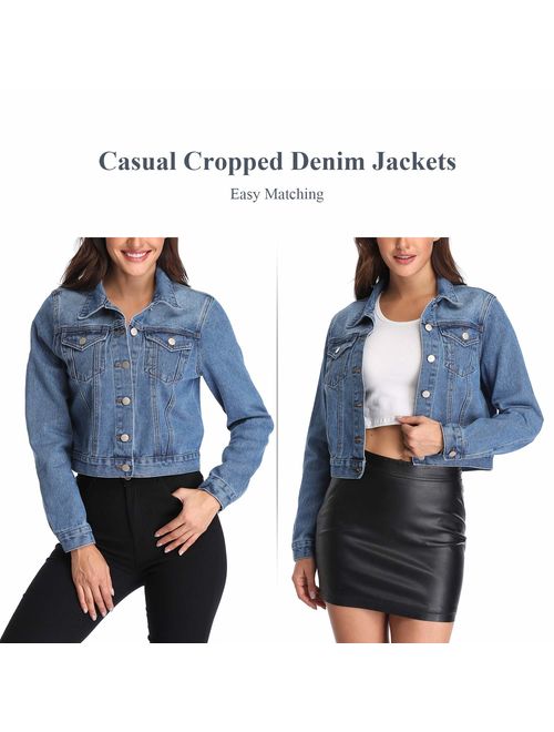 andy & natalie Women's Denim Jackets Casual Collared Long Sleeve Basic Button Down Crop Jean Jacket with Pockets