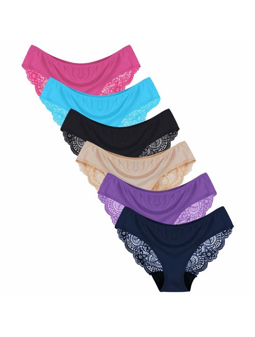 Sunm Boutique 6 Pack Womens Underwear Invisible Seamless Bikini Lace Underwear Half Back Coverage Panties
