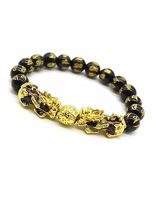 Feng Shui Prosperity 10mm Hand Carved Mantra Bead Bracelet with Double Color Changed Pi Xiu/Pi Yao Attract Wealth and Good Luck