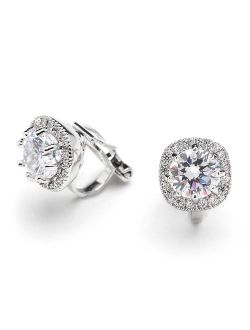 Mariell Cubic Zirconia CZ Clip On Stud Earrings - 10mm Cushion Shape Pave Halo Nonpieced Round Solitaires
