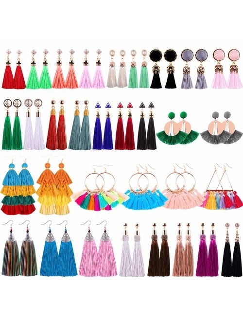 Duufin 32 Pairs Tassel Earrings Fringe Earrings Multicolor Dangle Earring Bohemian Tiered Earrings for Women and Girls