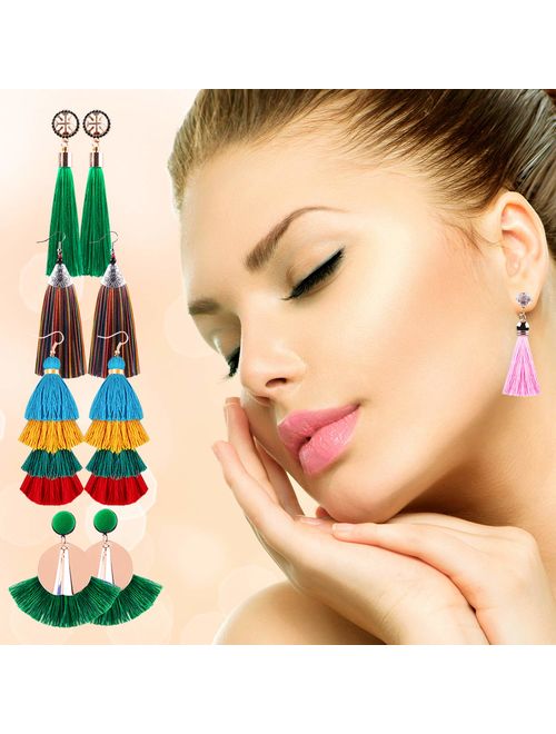 Duufin 32 Pairs Tassel Earrings Fringe Earrings Multicolor Dangle Earring Bohemian Tiered Earrings for Women and Girls
