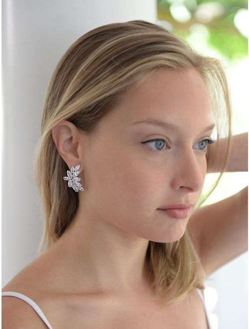Mariell Cubic Zirconia Marquis-Cut Graceful Curved Cluster Bridal Wedding Earrings - Platinum Plated