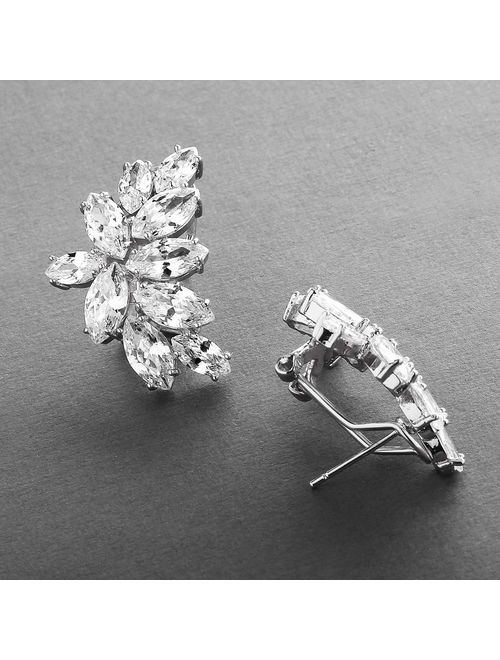 Mariell Cubic Zirconia Marquis-Cut Graceful Curved Cluster Bridal Wedding Earrings - Platinum Plated