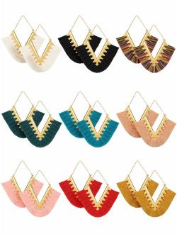 9 Pairs Tassel Statement Earrings Bohemian Fringe Silky Dangle Earrings V Shaped Handmade Geometric Triangle Drop Earrings for Women Girls (Style A)