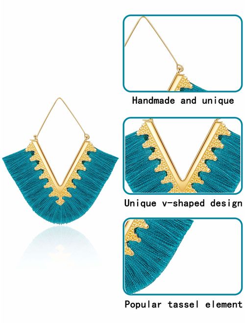 9 Pairs Tassel Statement Earrings Bohemian Fringe Silky Dangle Earrings V Shaped Handmade Geometric Triangle Drop Earrings for Women Girls (Style A)