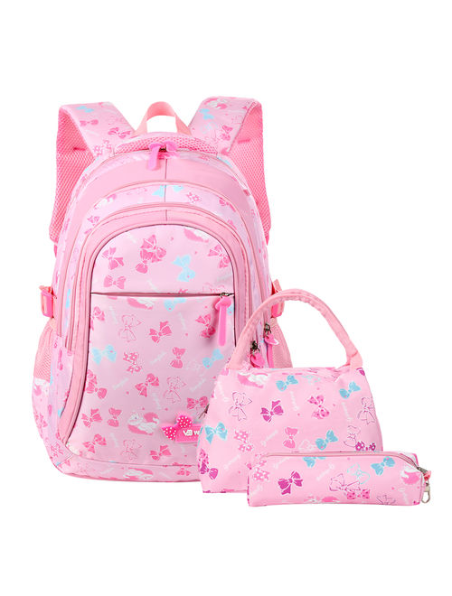3-in-1 School Backpack Student Shoulder Bags Set Adorable Student Book Bag Trendy Backpack with Lunch Tote Bag and Pencil Case, Pink