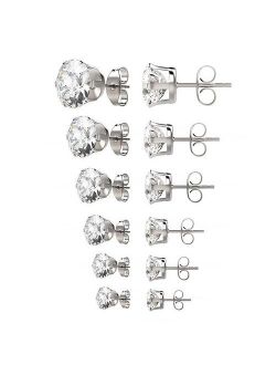 YOYONY Gifts for her/women 6 pairs 3-8mm mixed sizes womens Surgical 316L stainless steel Cubic Zirconia stud earrings