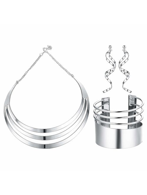 Udalyn Bib Choker Necklace Set for Women Wide Cuff Bangle Bracelets Statement Dangle Earrings Jewelry