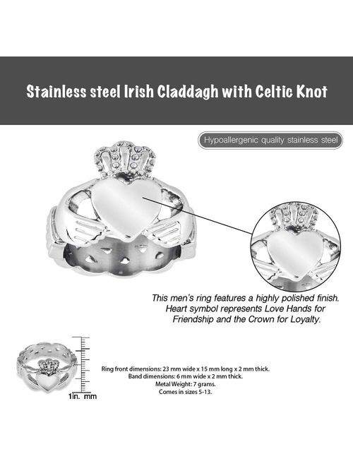 West Coast Jewelry Stainless Steel Irish Claddagh with Celtic Knot Eternity Design Ring - Sizes 5-13