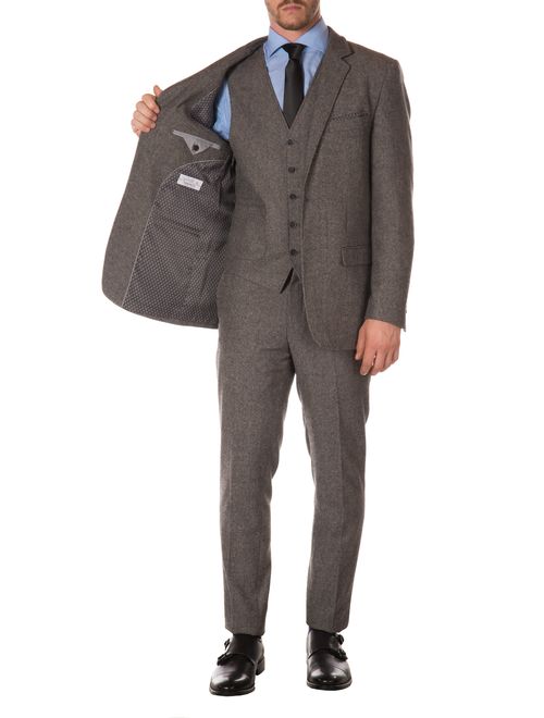 Ferrecci Men's Bradford Grey Slim Fit Notch Lapel 3 Piece Vintage Tweed Heritage Suit Set - Blazer Jacket, Vest and Pants (56 Long)