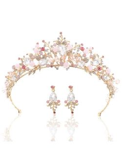 Yean Gold Wedding Crown Bridal Tiaras with Earrings Pink Purple Headband for Women and Girls (Pink)