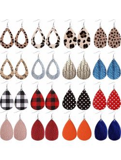 Hicarer 16 Pairs Faux Leather Teardrop Earrings for Women Petal Leaf Lightweight Earrings Leopard Snake Skin Cork Print Earrings Gift