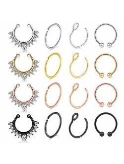 vcmart Fake Nose Rings Hoop 12-16pcs Stainless Steel Faux Fake Lip Ear Nose Septum Ring Non-Pierced Clip On Nose Hoop Rings