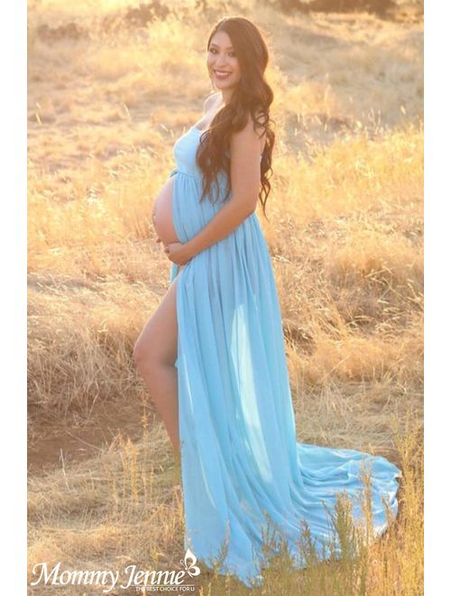 Maternity Dress for Photography Off Shoulder Chiffon Gown Split Front Maxi Pregnancy Dresses for Photoshoot
