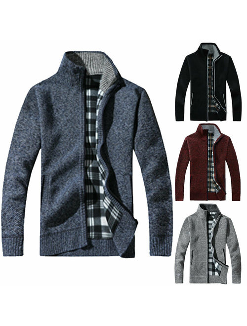 Mens Winter Warm Slim Sweater Knitted Cardigan Jumper Zip Fleece Lined Coat