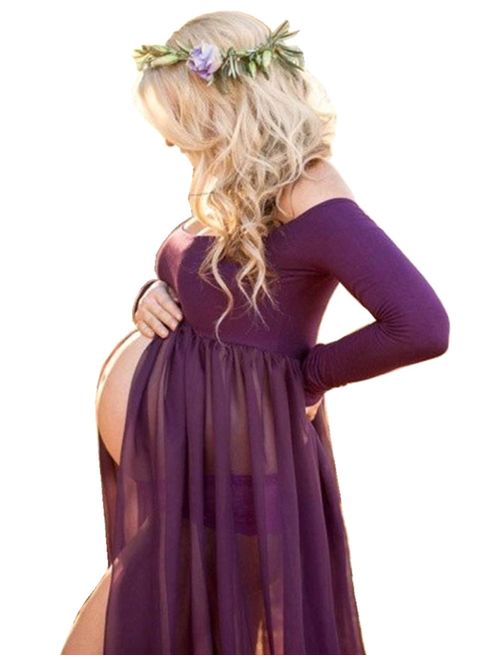 ZIUMUDY Maternity Maxi Chiffon Photography Dress Split Front Gown for Photoshoot