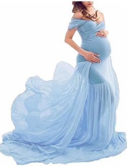JustVH Maternity Off Shoulder Chiffon Gown Maxi Photography Dress for Photo Shoot Photo Props Dress