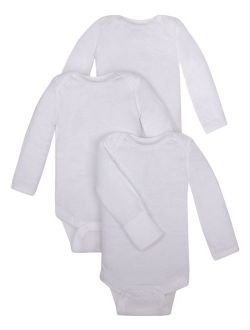 Little Star Organic Baby Boy or Girl Unisex White Long Sleeve Bodysuits With Mitt Cuff, 3-Pack