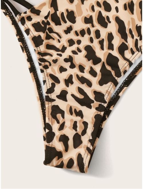 Shein Leopard Halter Top With High Waist Bikini Set