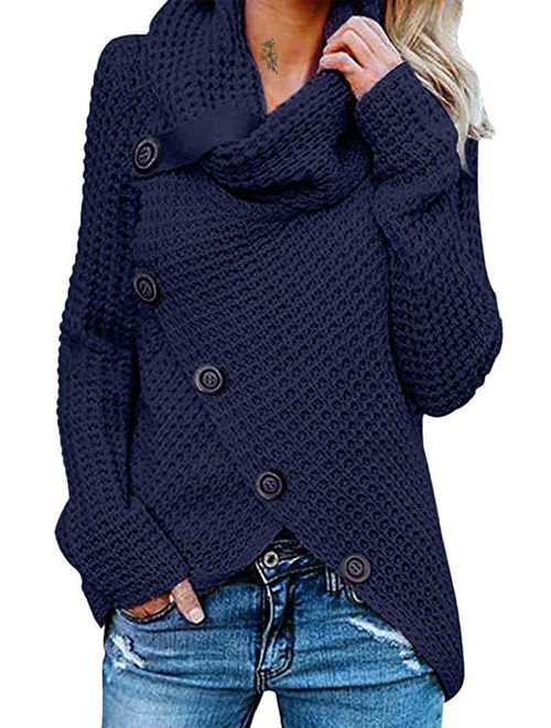Women's Winter Warm Long Sleeve Turtleneck Knitted Sweater Pulover Jumper Cardigan Knitwear Winter Irregular Oblique Button Outwear Tops