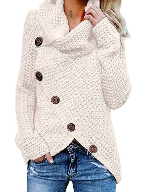 Women's Winter Warm Long Sleeve Turtleneck Knitted Sweater Pulover Jumper Cardigan Knitwear Winter Irregular Oblique Button Outwear Tops
